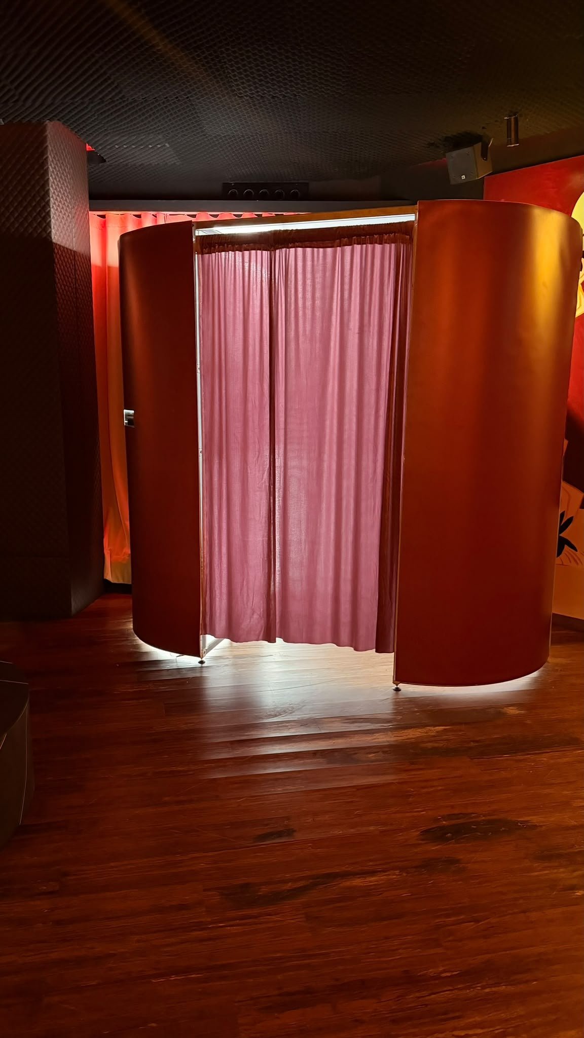 Photo booth curtain and cabin detail at Six Senses Ibiza event space